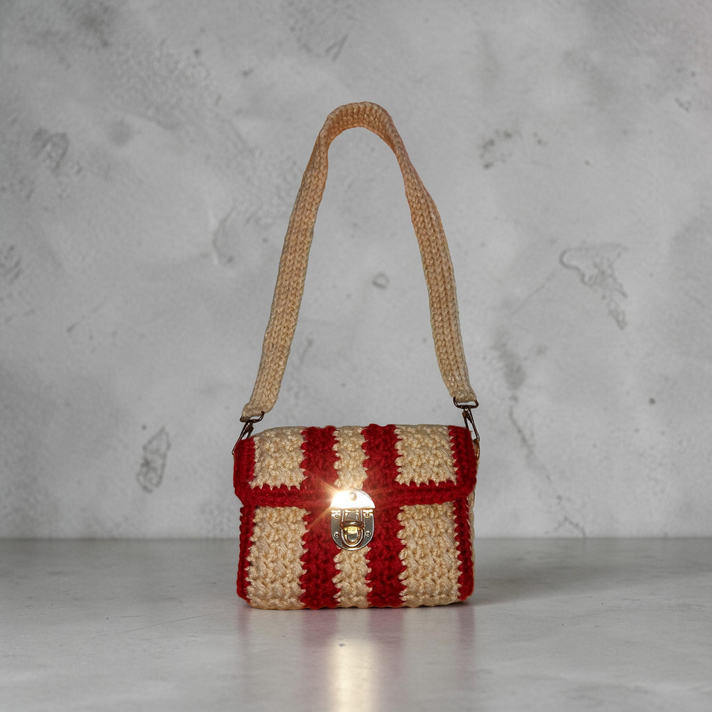 Handmade Crochet Shoulder Bag – Red & Cream Striped with Detachable Strap