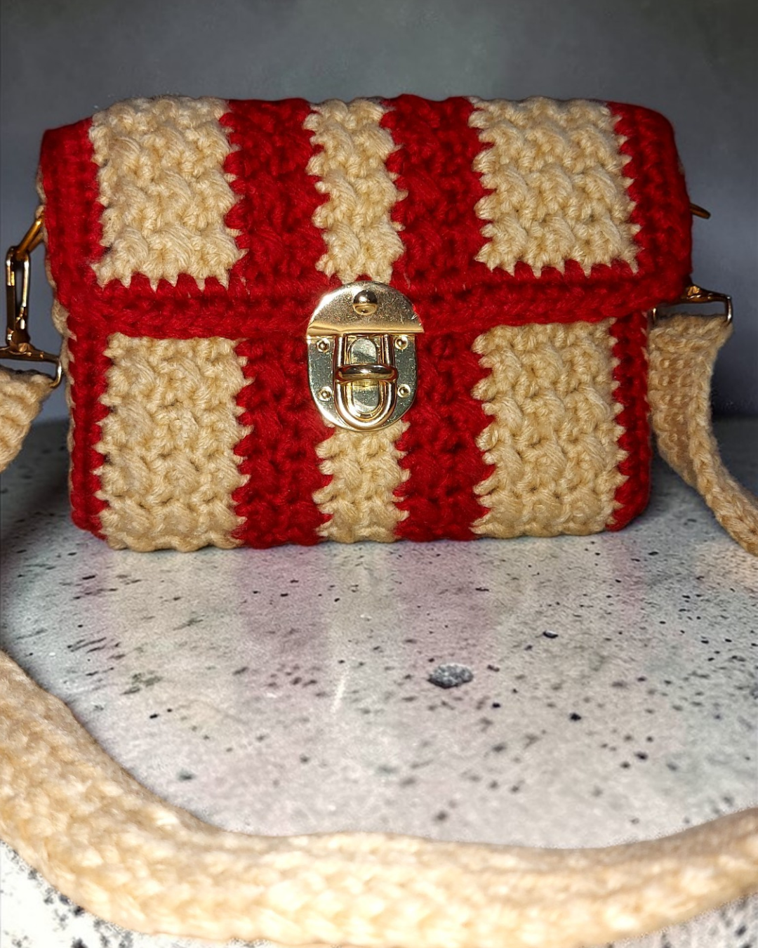 Handmade Crochet Shoulder Bag – Red & Cream Striped with Detachable Strap