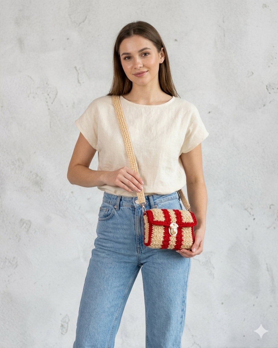 Handmade Crochet Shoulder Bag – Red & Cream Striped with Detachable Strap